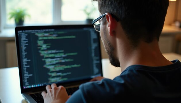Man wears glasses typing code on laptop. Programmer works remotely on computer, developing software. Coder studies at home, focused on screen display. App developer writes script.