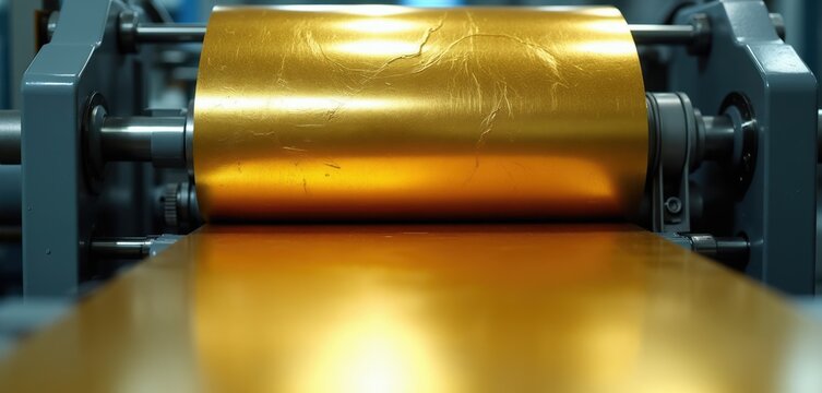 Gold foil roll in printing machine. Machinery applies metallic sheen to paper or card. Manufacturing process for luxury packaging and book covers.
