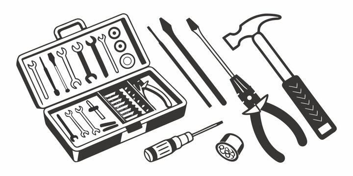 Comprehensive collection of assorted hand tools in an open portable metal tool box set with wrenches screwdrivers equipment hardware maintenance handyman carpentry workshop