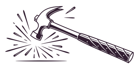 Illustration of a claw hammer making contact creating dynamic impact sparks with construction carpentry renovation handyman mechanical industry illustration engineering © Mamun