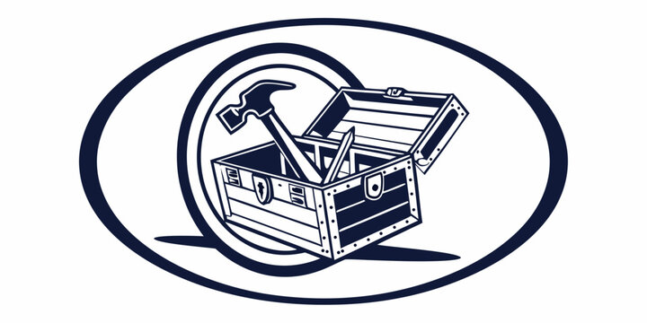 Vintage style open toolbox with hammer and chisel graphic hardware construction maintenance workshop carpentry handyman equipment improvement renovation industry