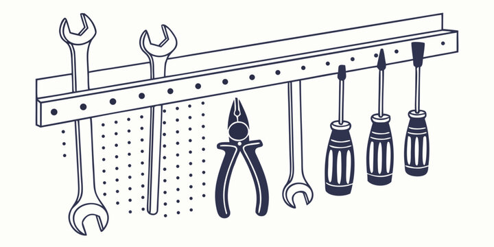 Assorted hand tools hanging on wall pegboard illustration with pegboard screwdriver hardware workshop equipment construction maintenance carpentry mechanic industrial
