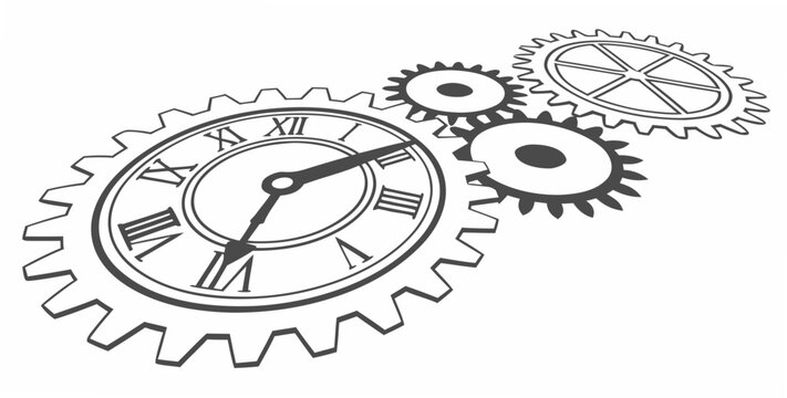 Clockwork mechanism with interlocking gears and roman numerals mechanism cogwheels mechanical engineering precision timepiece industrial abstract illustration movement