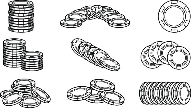 Casino Poker Chip Collection Featuring Stacked Gaming Tokens, Gambling Accessories, Betting Elements, and Casino Game Illustrations