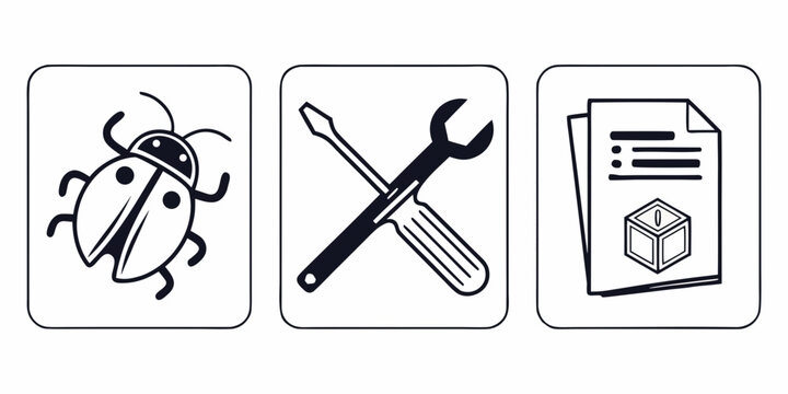 Set of software development and technical maintenance icons with software development debugging maintenance screwdriver documentation programming technology interface