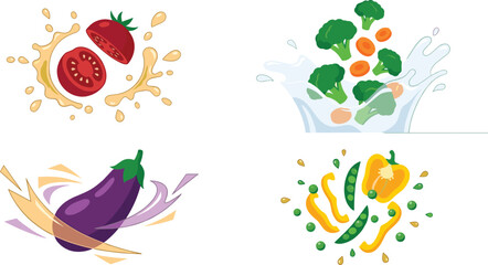 Obraz premium Fresh Vegetable Splash Collection Featuring Tomato, Eggplant, Broccoli, Bell Pepper, and Healthy Organic Food Illustrations
