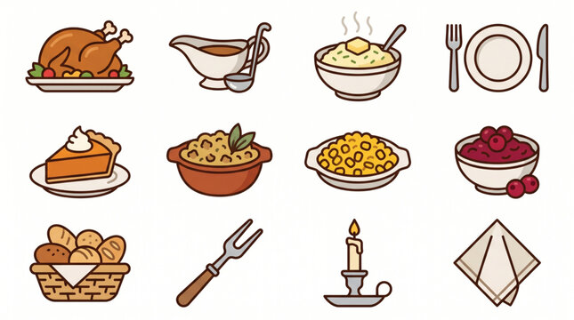 A Festive Holiday Meal Illustrative Collection of Traditional Dinner Icons Featuring Roasted Turkey, Savory Sides, Sweet Pie, and Table Settings