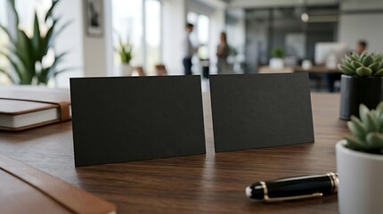 Naklejka premium Chocolate packaging mockup on a wooden desk in a modern office setting with a pen and plants