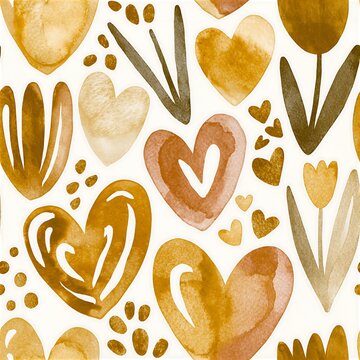 Watercolor pennsylvania dutch seamless pattern with hearts and tulips