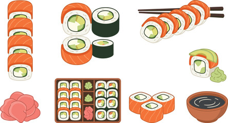 Sushi Roll and Japanese Cuisine Collection Featuring Salmon Maki, Avocado Rolls, Wasabi, Soy Sauce, and Traditional Food Elements © Priyanka