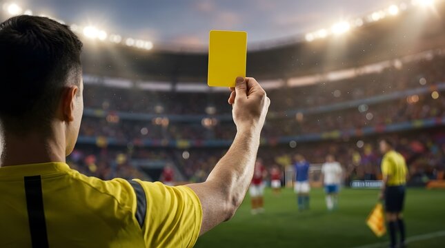 Football referee displaying yellow card during match enforcing rules and disciplinary decision authority