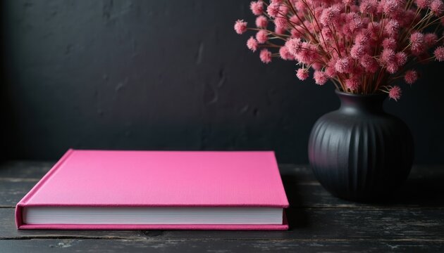 Pink hardcover book rests on a dark wood table next to a black vase holding dried pink flowers. Simple, elegant still life composition for decor or design.