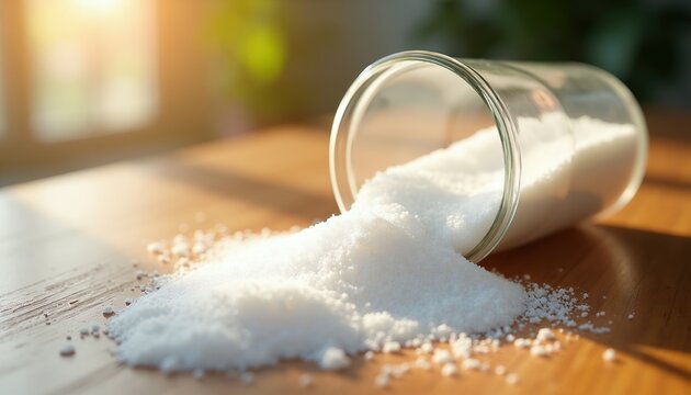 White granular sorbitol sweetener spills from a clear glass cup onto a wooden surface. Sunlight illuminates fine crystals. Healthy sugar substitute concept.