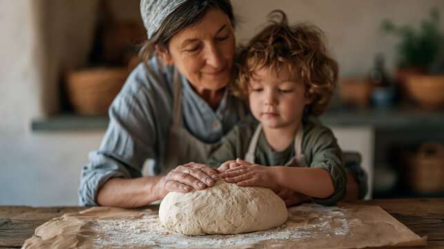 Intergenerational pair of grandmother and young grandchild in a modest home kitchen pressing dough with flour dusting a kraft paper surface conveying warmth and tradition for