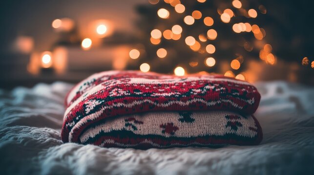 A folded red and white patterned Christmas sweater rests on a bed with soft bokeh lights in the background
