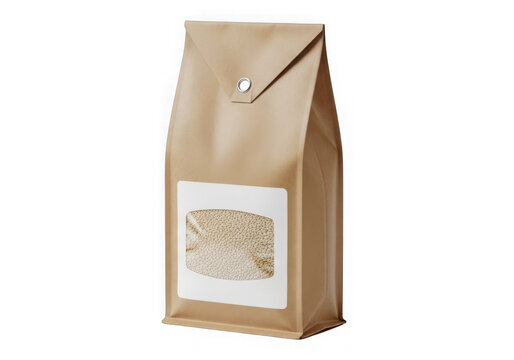Brown paper coffee bag with string tie on wooden shelf isolated on transparent background