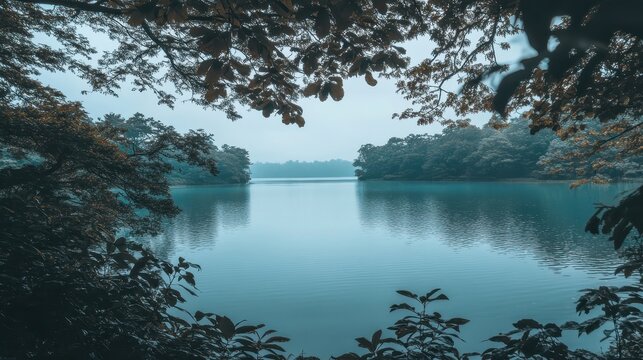 A serene lake vista framed by lush trees under a hazy sky, offering a tranquil natural escape.