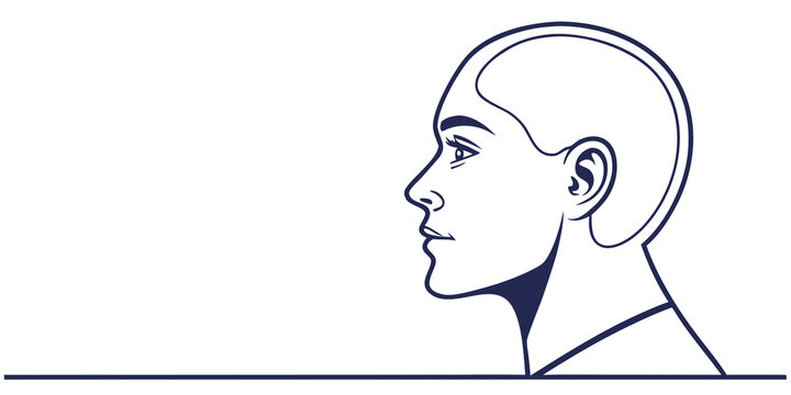 Minimalist outline drawing of a human profile head looking forward with minimalist silhouette thinking illustration consciousness psychology intelligence identity abstract