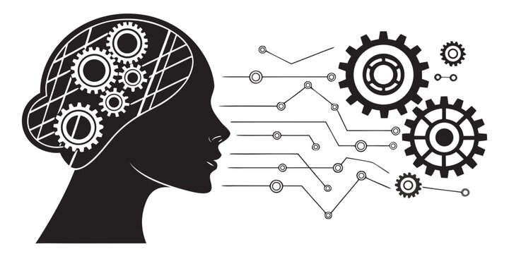 Profile silhouette of head with internal gears and external electronic circuitry intelligence technology silhouette circuitry innovation computer thinking automation