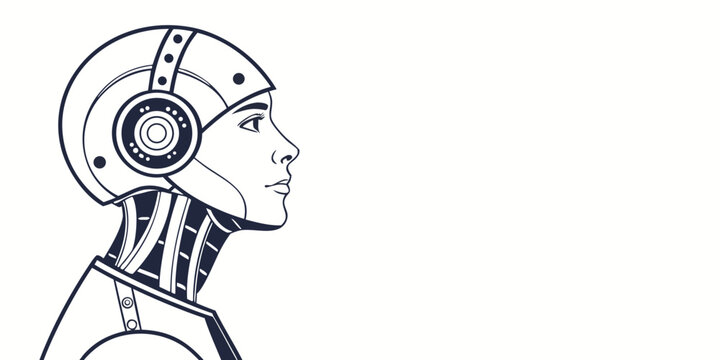 Humanoid female robot head profile looking upwards future technology concept with humanoid technology artificial intelligence futuristic illustration cybernetic innovation