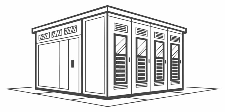Outdoor modular data center container unit with container infrastructure technology building computing database hardware industrial equipment architecture exterior