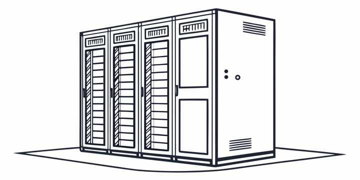 Row of datacenter server cabinets for information technology and data storage with datacenter cabinets technology infrastructure hardware mainframe equipment internet