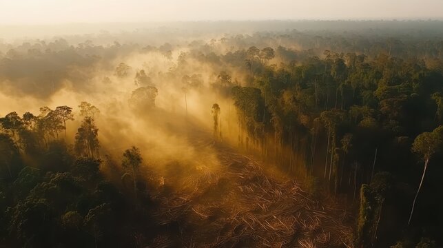 Aerial view of deforestation and habitat destruction with golden sunlight piercing through the forest canopy and mist.