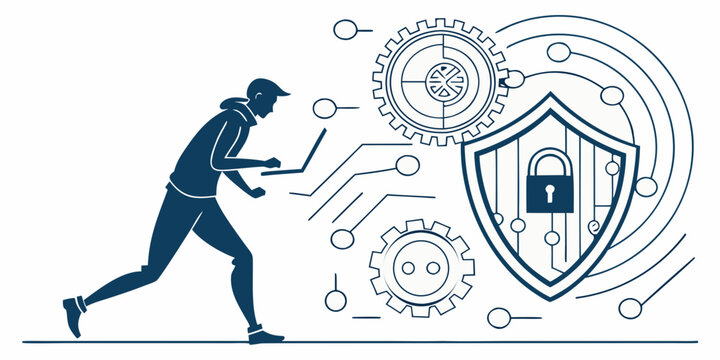 Hacker using laptop trying to bypass digital security shield lock with gears cybersecurity security technology internet information encryption software computer connection