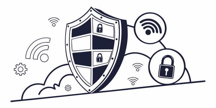 Cloud data security and wireless protection concept with a central shield icon featuring padlocks and surrounding wifi symbols in a digital network environment security wireless