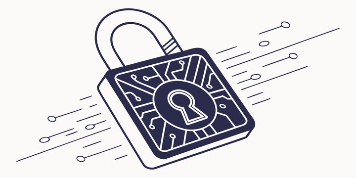 Data security padlock icon with digital circuit patterns security protection technology encryption electronic information internet illustration connectivity abstract