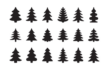 Obraz premium Assorted pine tree silhouettes collection for forest and winter holiday seasonal design projects.