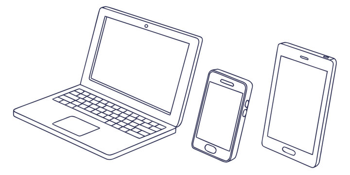 Tech devices bundle with laptop smartphone and tablet in minimalist line art illustration computer smartphone technology electronics business communication hardware