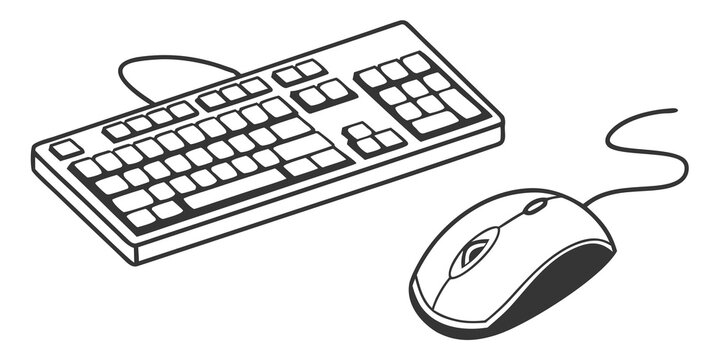 Outline drawing of a computer keyboard and wired mouse isolated on white background with keyboard computer peripheral hardware technology equipment workstation accessory