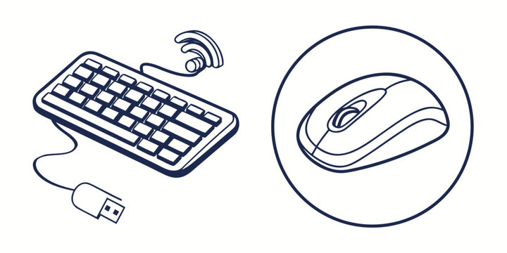 Isometric line art illustration of a wired computer keyboard with wireless signal icon and a computer mouse keyboard computer peripheral hardware technology isometric