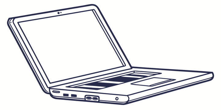 Line art illustration of a modern open laptop with detailed keyboard and trackpad computer notebook technology keyboard trackpad hardware electronic portable illustration