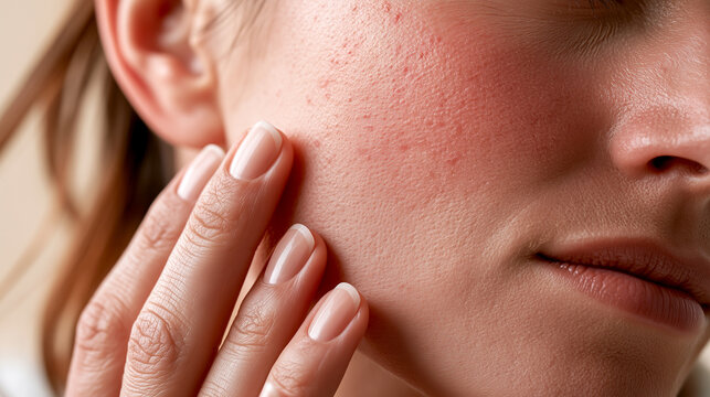 Rosacea skincare concept, woman touches red cheek and jawline, sensitive skin irritation and capillary redness, dermatology cosmetic care, soothing treatment, hydration barrier repair and relief.
