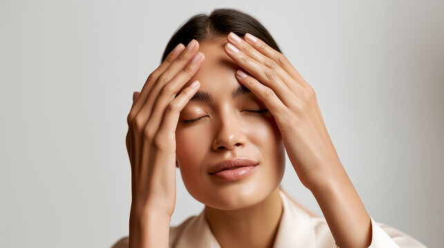 Facial lymphatic drainage massage, hands on forehead and temples for puffiness reduction and stress relief, myofascial release and circulation support, skincare wellness ritual and calm recovery.