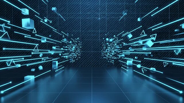 Futuristic high tech blue digital space interior.