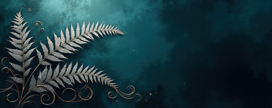 Silver fern frond with gold swirls on dark teal watercolor backdrop. Elegant botanical art mixes nature, abstract. Graphic design, banner format, decor element, luxurious background. Style, luxury,