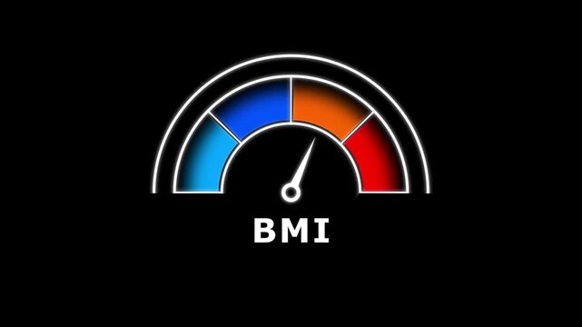 Gradient scale BMI level measuring device icon. Sign tachometer, speedometer, indicators.BMI gauge with color-coded segments and needle. 4k video