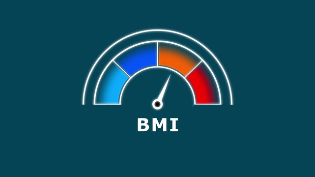 Gradient scale BMI level measuring device icon. Sign tachometer, speedometer, indicators.BMI gauge with color-coded segments and needle. 4k video