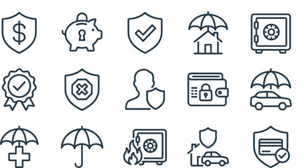 Insurance Security Icon Set with Shield Dollar Piggy Bank Umbrella Home Safe Car Health Coverage Protection for Finance and Risk Designs © sohel