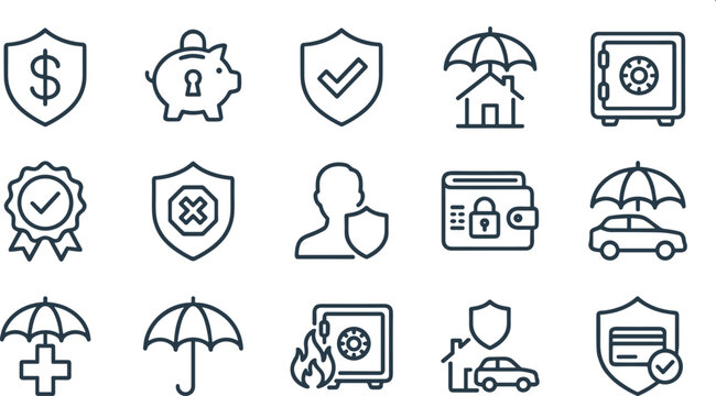 Insurance Security Icon Set with Shield Dollar Piggy Bank Umbrella Home Safe Car Health Coverage Protection for Finance and Risk Designs