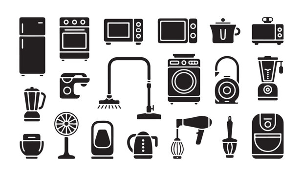 Electronic home appliances and gadgets icons on white background.