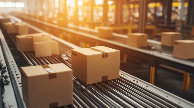 Automated Factory Packaging Systems with Boxes on Conveyor Lines in Warm Sunlight