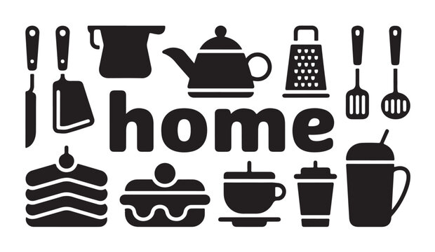 Home themed kitchen accessory collection including teapot grater and beverage icons designs.