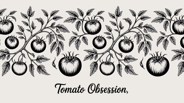 Tomato vine pattern showcases detailed black and white botanical illustration with repeating fruit and foliage tomatoes produce vegetable flora leaves