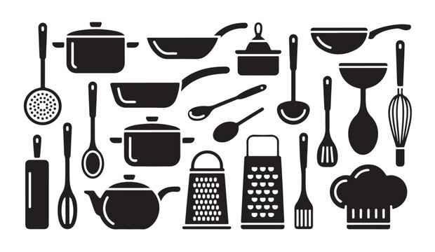Cooking utensils and kitchenware icons set, black silhouettes of saucepan and frying pan.