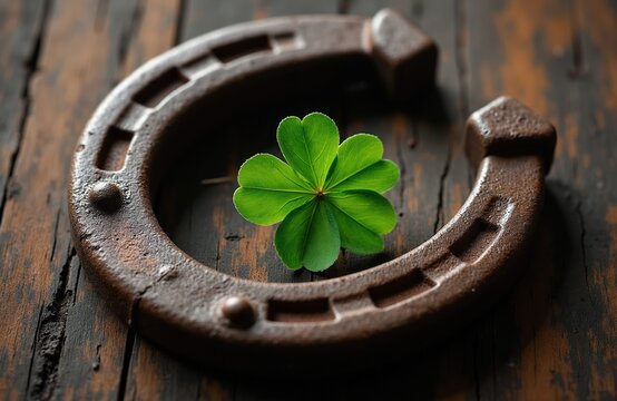 Old metal horseshoe rests on dark wood table next to lucky four leaf clover. Symbol of good fortune and positive omens, good luck charm for success and prosperity.
