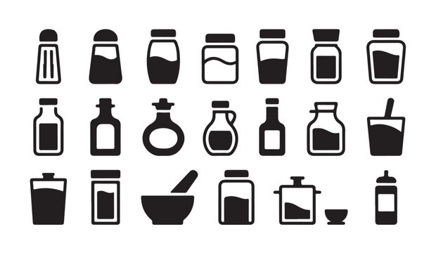 Kitchen jars and spice bottles icons set for food storage and condiment container design.